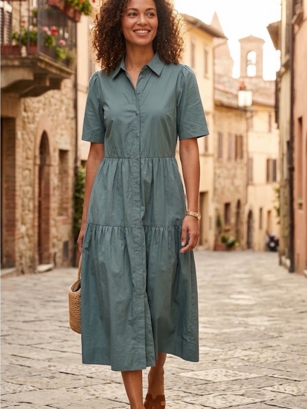 EVEREVE Sage Olive Cotton Poplin Tiered Button Front Midi Maxi Dress Medium EUC